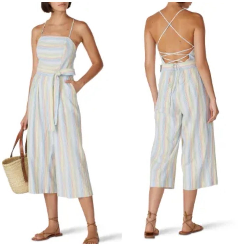 Moon River Multicolor Striped Open Lace Up
Back Wide Leg Cropped Jumpsuit M